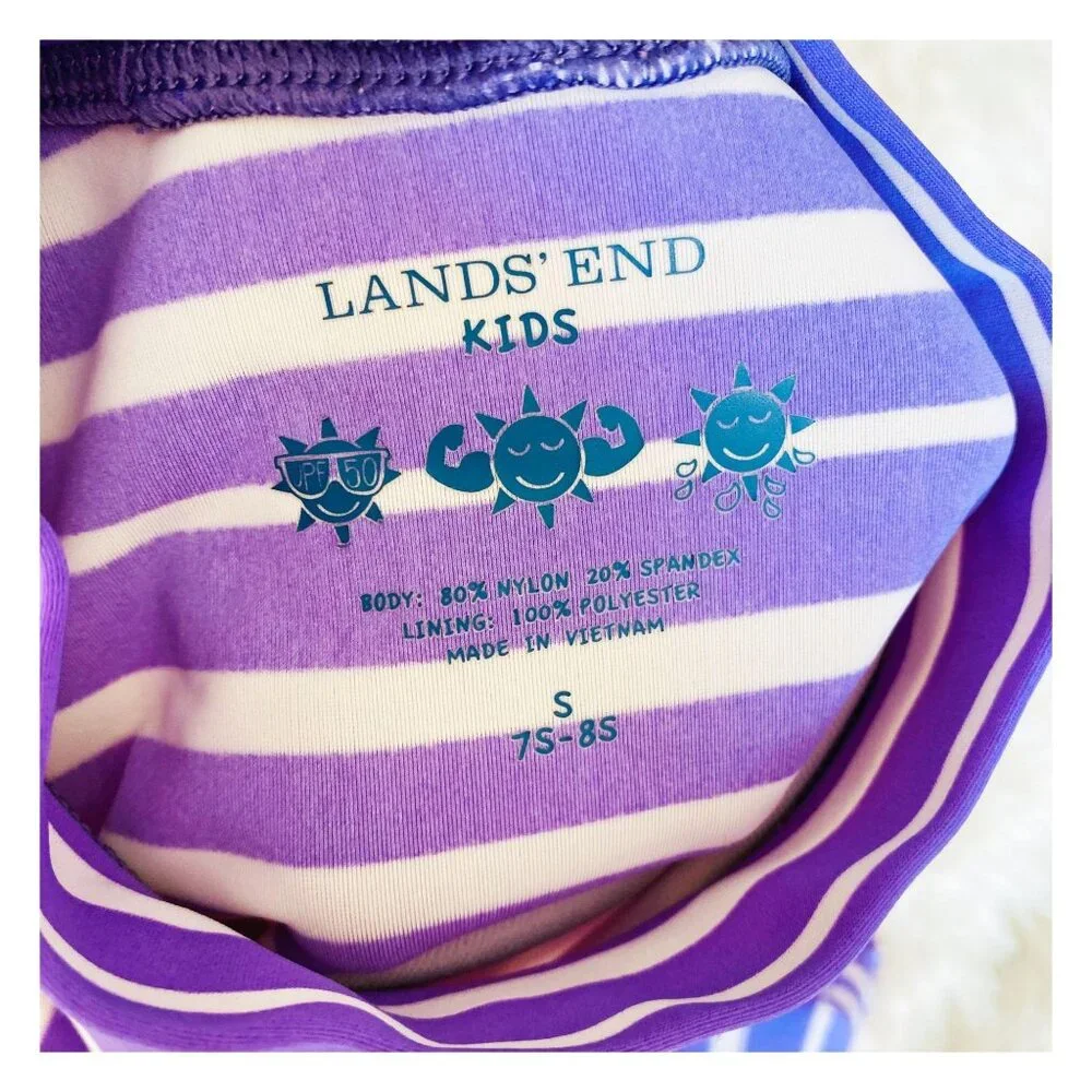 Lands‎ End Kids Swim Top Girls Small Slim 7/8 Purple Rash Guard Short Sleeve